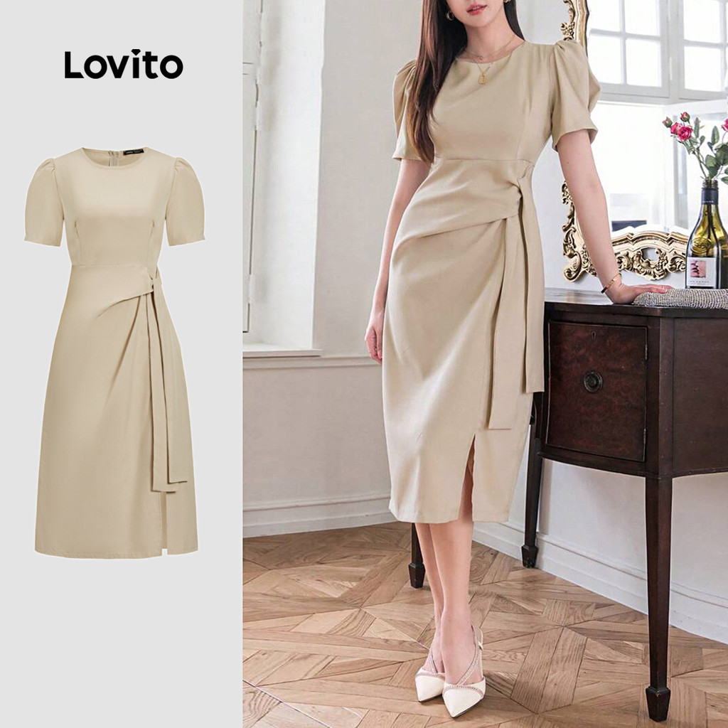 Lovito Elegante Vestido Liso Plissado Para Mulheres L104ED867