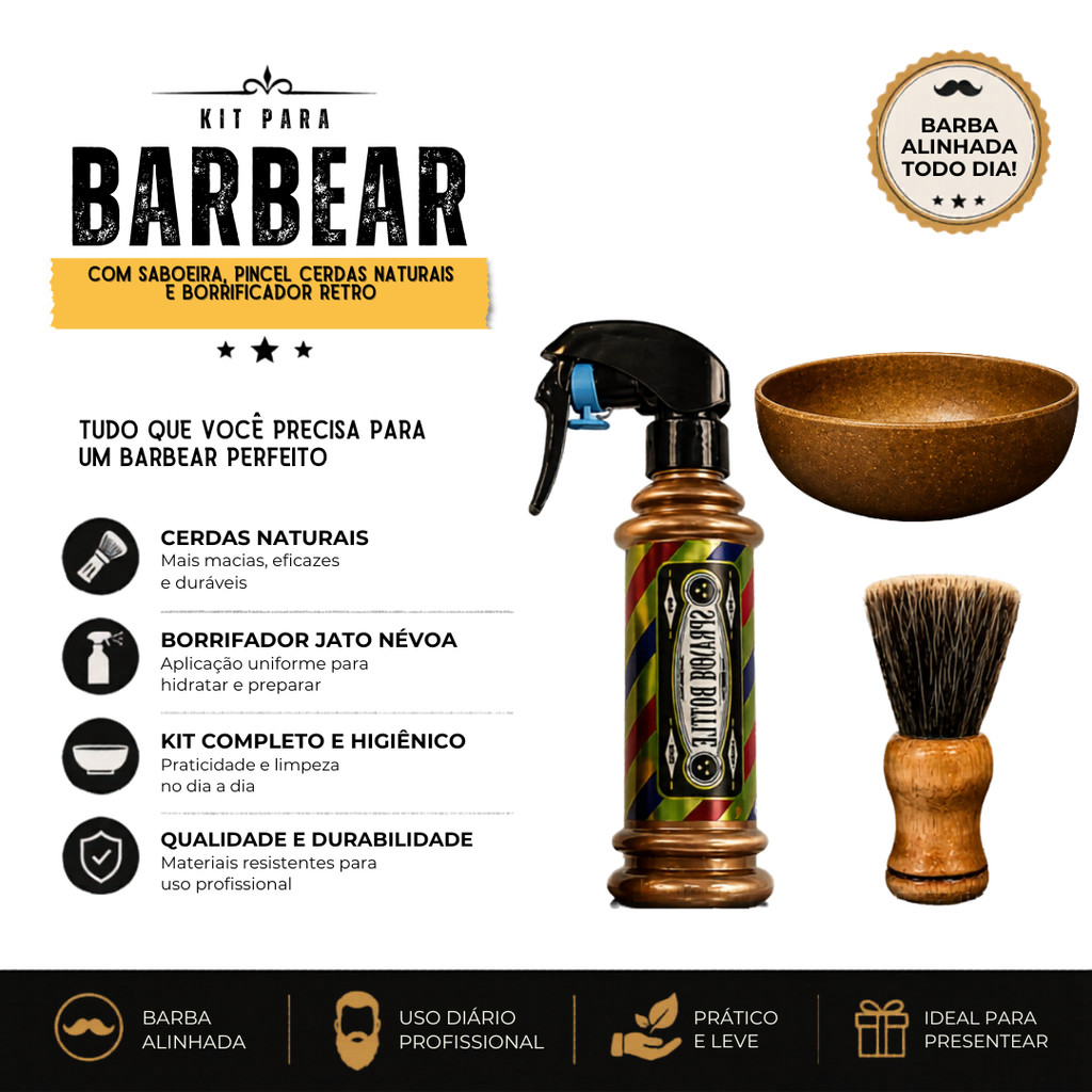 Kit Para Barbear Com Saboeira Pincel Cerdas Naturais e Borrifador Retro Jato Nevoa Barber Barba