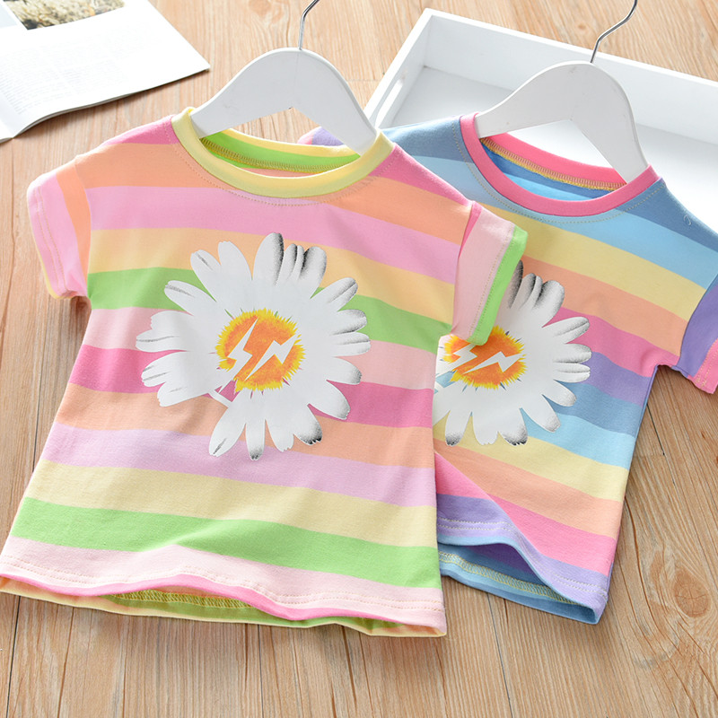 Meninas camiseta de manga curta 2022 novo estilo verão versão coreana bebê menina moda topo crianças arco-íris listrado 