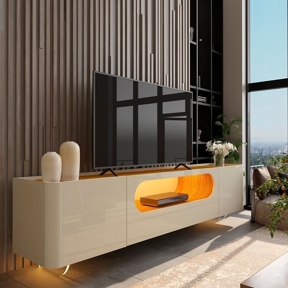 Rack para TV até 85 Polegadas com LED 100% MDF 209,5cm Vidro Nobre Branco Off White/Naturale Vidro