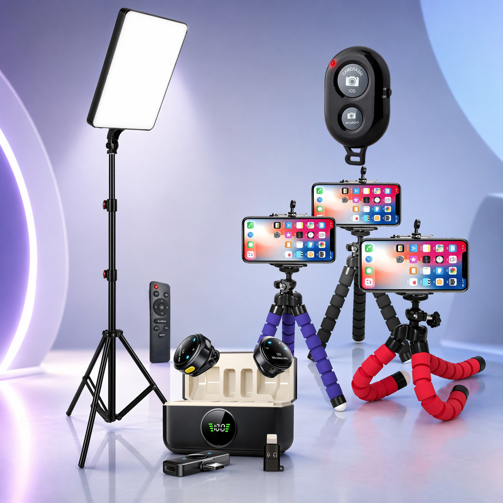 Kit Ring Light Microfone Sem Fio Tripé Celular Youtuber Video TikTok Reels Live Profissional Led