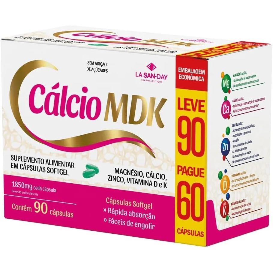 Cálcio MDK - Cálcio Magnésio Zinko Vitamina D Vitamina K - Leve 90 e Pague Cápsulas - La San Day