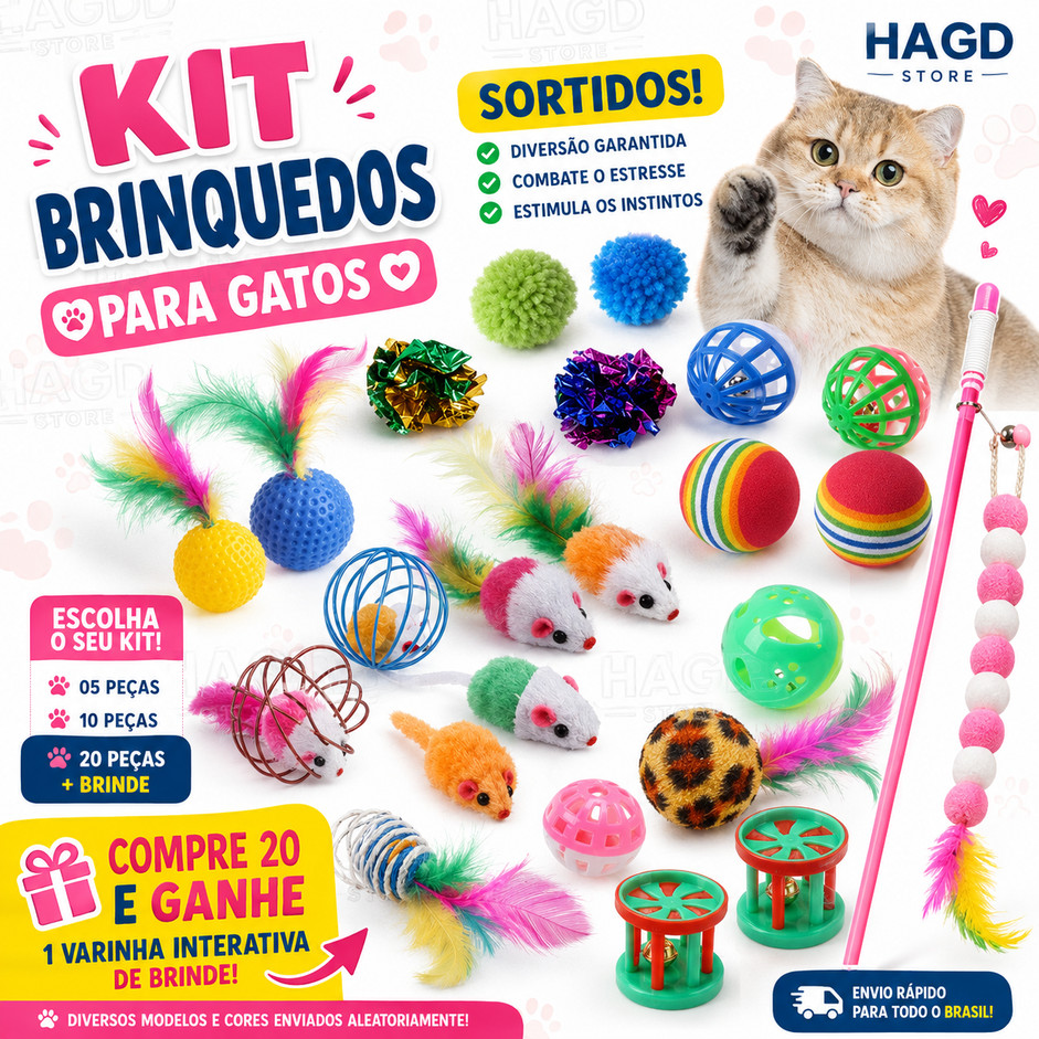 Kit Brinquedos para Gatos Sortidos Ratinho Bolinha Pena - 5, 10 ou 20 pçs -Compre 20 e GANHE VARINHA