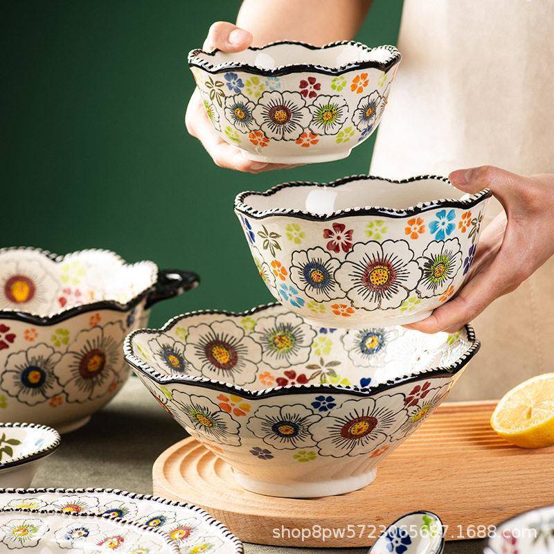Bangcheng conjunto de prato de cerâmica doméstico tigela de arroz prato talheres Retro dupla orelha tigela macarrão tige