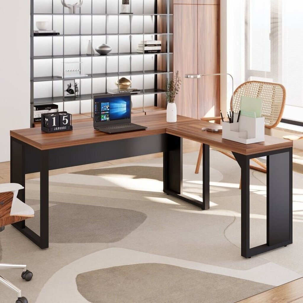 Escrivaninha Mesa Escritório Diretor em L 150cm Espresso Móveis Macadâmia E Preto Macadâmia/Preto