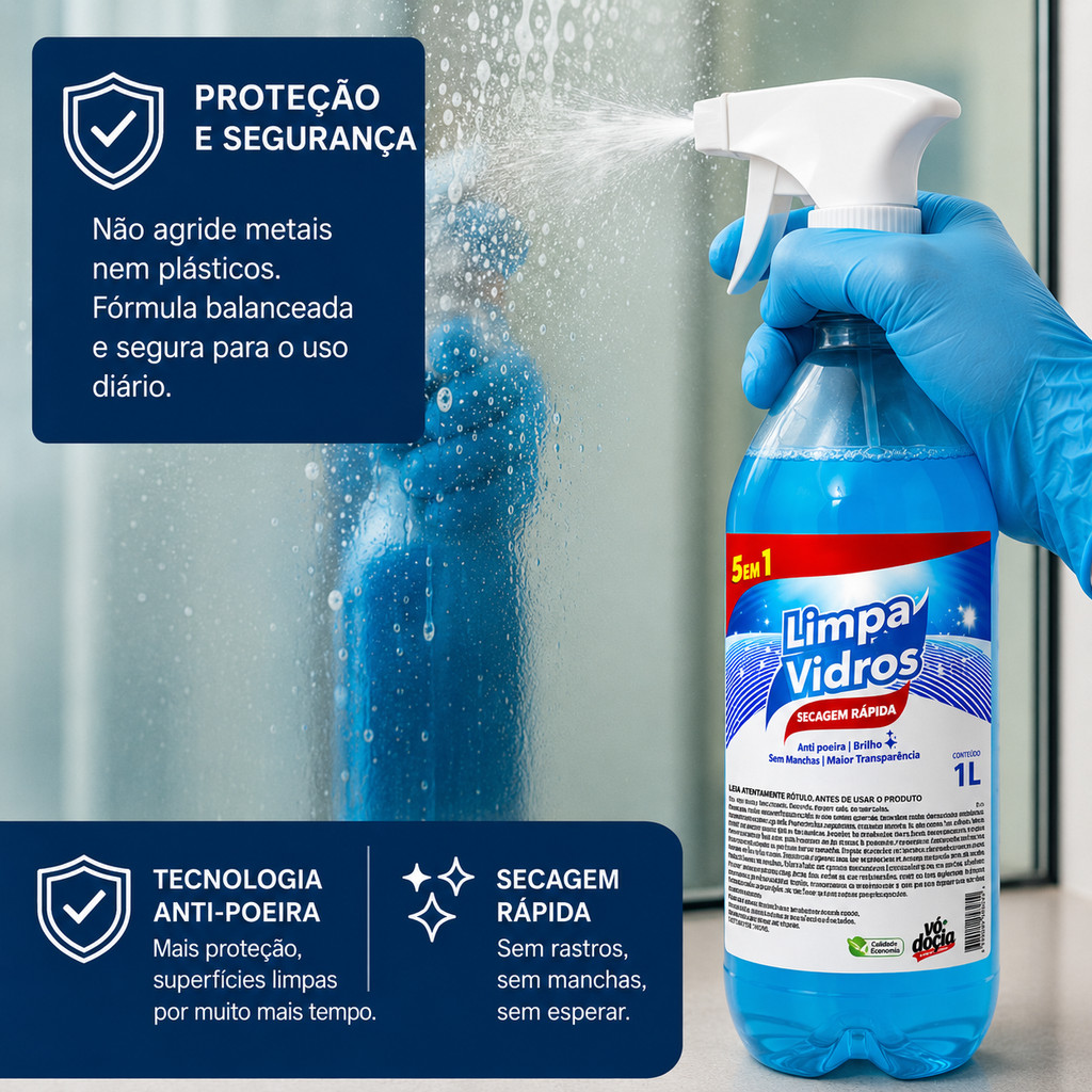 Limpa Vidros 5 em 1 Vodocia 1 Litro com Gatilho Removedor de Manchas Box Banheiro Espelho Automotivo Profissional — imagem 2 de 2