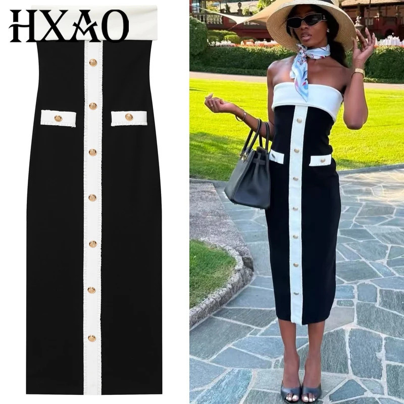 Vestidos Femininos HXAO, Vestidos Longos com Corset, Vestido Sexy Sem Mangas com Botões, Vestido Tomara que Caia Sem Cos