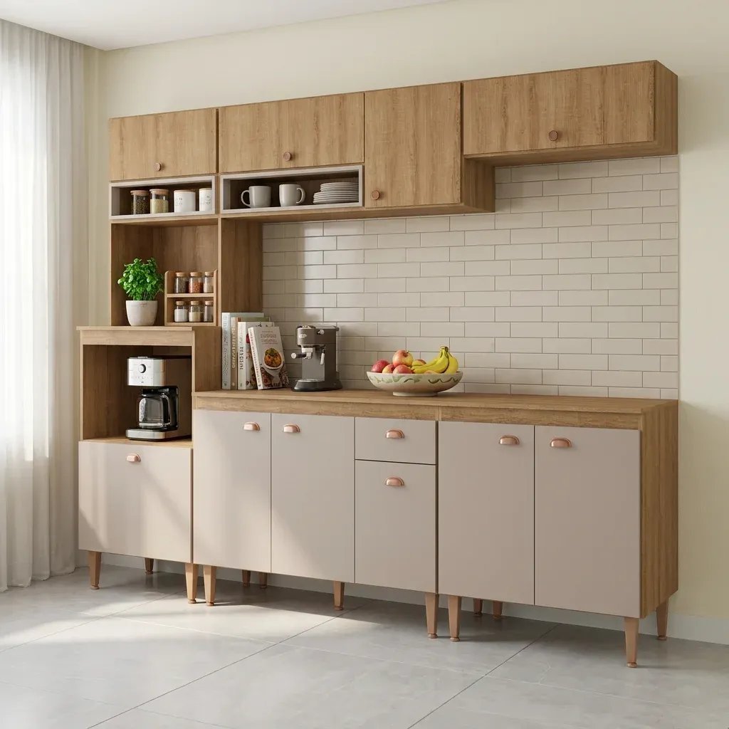 Cozinha Completa Modulada 5 Peças com Torre Quente e Balcão para Pia sem Tampo Marti Yescasa Mel/Fendi Não