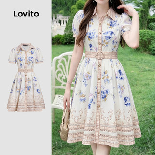 Vestido Feminino Lovito Elegante Nacional com Cinto Estilo Nacional Vestido Primavera/verão LK3ED163