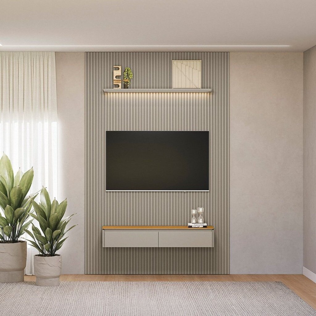 Painel Ripado para TV até 75 Polegadas com LED MDF 180CMX250CM Modular Tauari/Gris Fosco