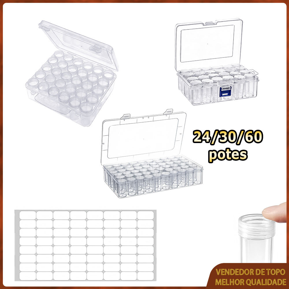 Caixa para guardar miçangas 60/30/24 potes redonda caixa de plástico transparente com tampa caixa decorada com strass
