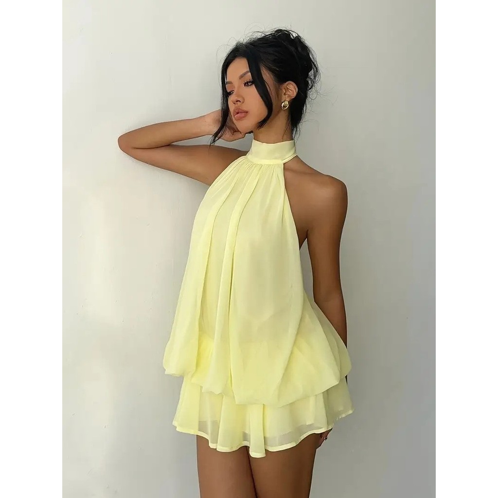 Vestido ilha vestido de férias Sexy vestido de férias estilo pausa de chá vestido de férias pescoço largo Chiffon curto