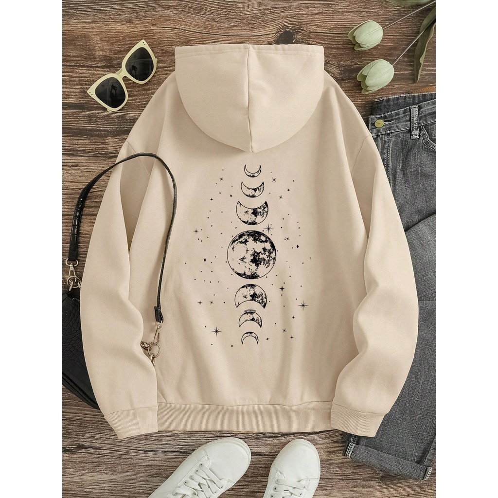 Blusa Frio Moletom Feminino Canguru Com Capuz e Bolso Estampado Lua Unissex Flanelado Promoção
