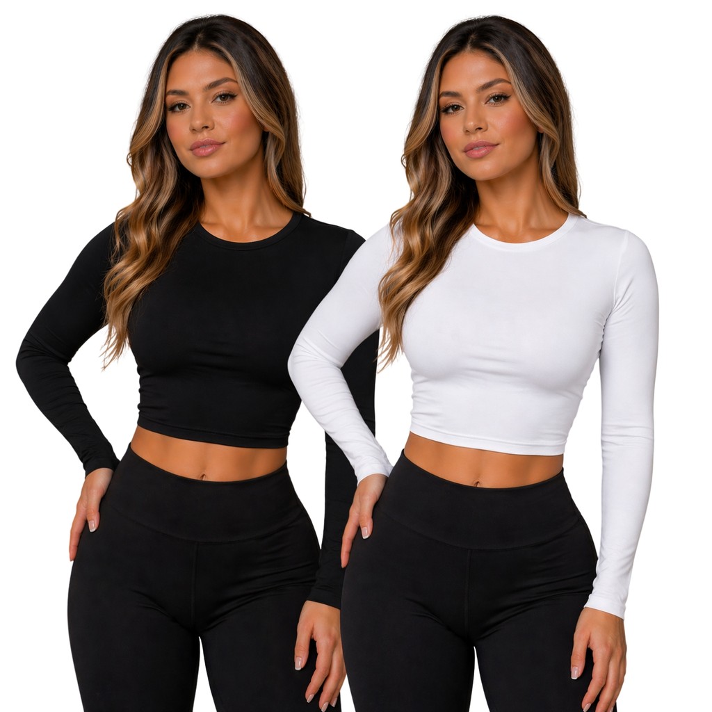 Kit 2 Blusa Feminina de Manga Longa Baby Tee Compressão Cropped