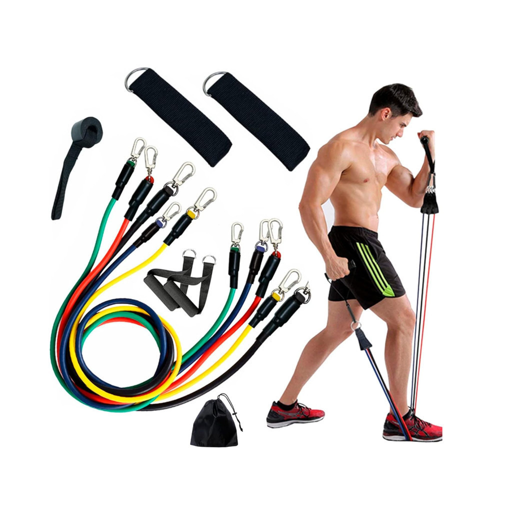Kit Extensor Elástico 11 Peças Academia Casa Treino Funcional Musculação Pilates Fisioterapia Exercícios