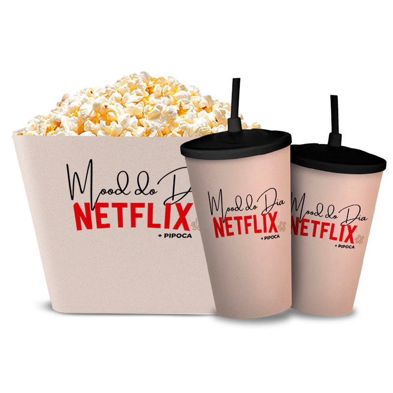Kit Cinema Balde de Pipoca 5L + 2 Copos Com tampa Canudo Mood Do Dia Netflix + Pipoca