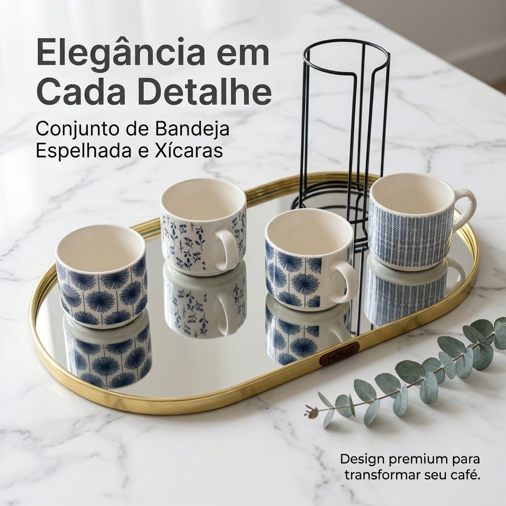 Bandeja de Luxo Espelhada com Moldura Dourada + Conjunto Exclusivo de Xícaras de Cerâmica - Kit Sofisticação