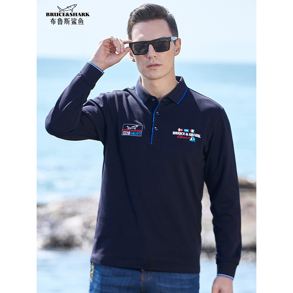 Primavera outono camisa Polo masculina de manga comprida camiseta Bruce Shark Street Wear solto lapela masculina Plus Si