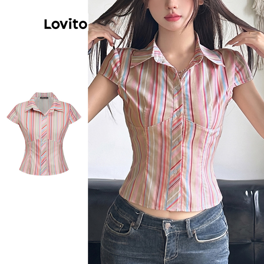 Lovito Blusa Casual Arco-Íris Listra Estrutura Linha Padrão Blusa Para Mulheres 