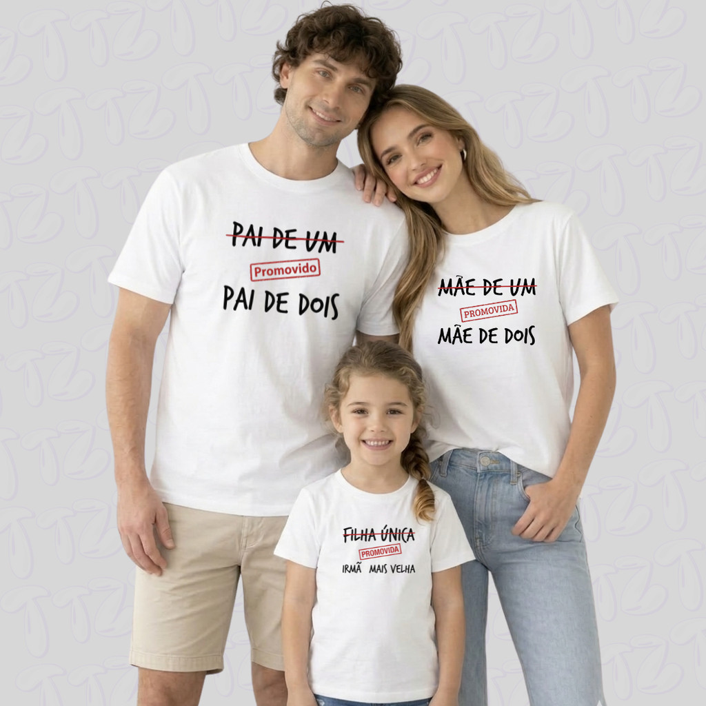 Kit 3 Camisetas Familia  Promovido Mãe De Dois Pai De Dois Filho Filha Mais Velho Camisetas Cha Revelaçao