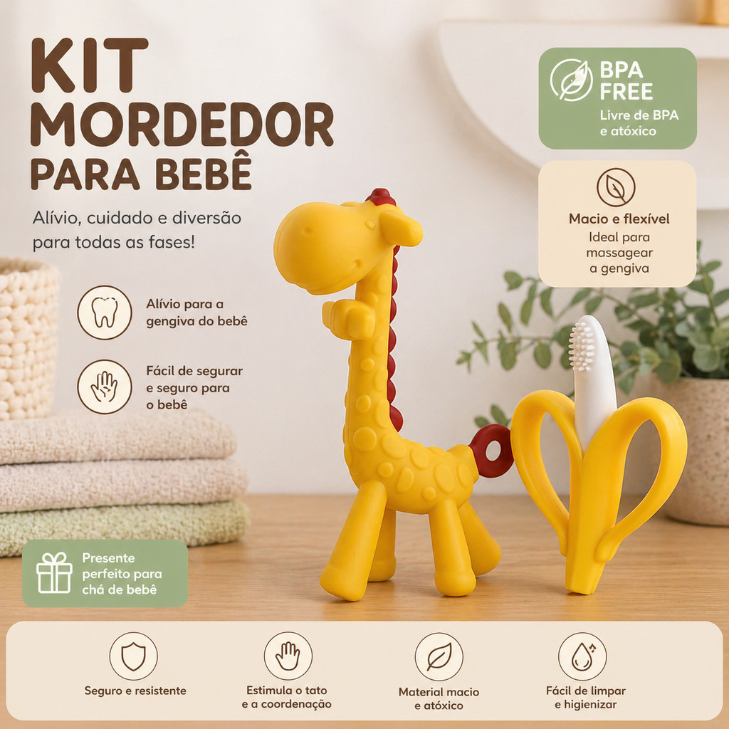 KIT MORDEDOR GIRAFA + BANANA PAIS E FILHOS VILA TOY