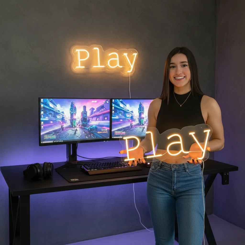 Painel Neon Led Play Branco Frio Iluminação Gamer 45cm