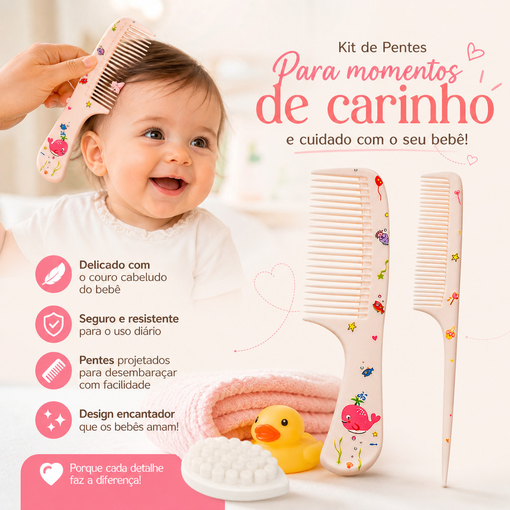  Kit Pente Bebê Infantil Antiestático – Desembaraça Sem Dor, Seguro e Delicado +pentes infantis tematico brinde penteado