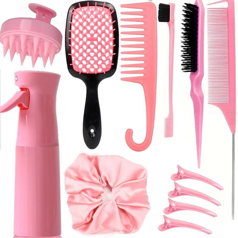 12 Pcs Hair Brush Set with Continuous Hair Spray Bottle for Women, Rat Tail Combs for Toddlers, Soft Scalp Massager, Det