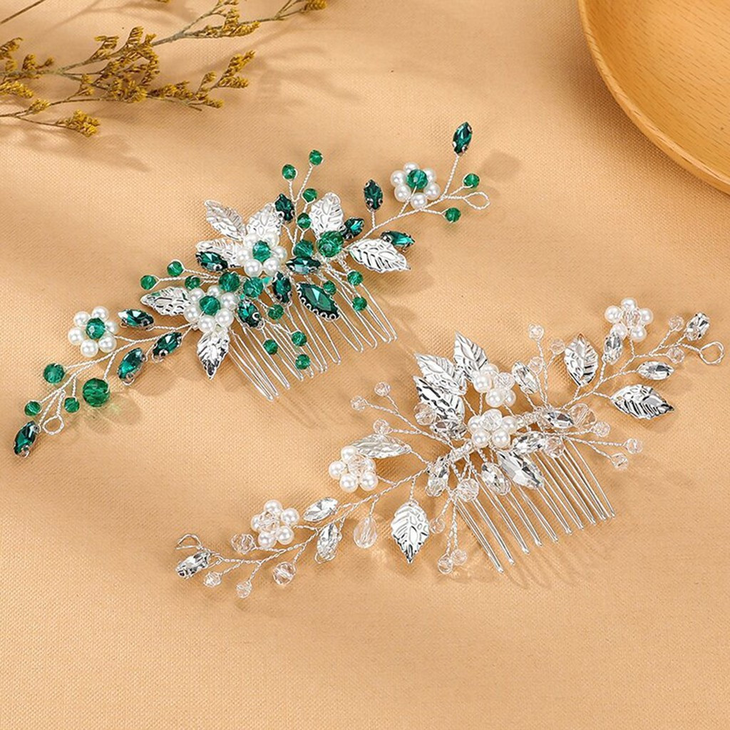 Pente De Cabelo De Cristal Pérola Com Folhas Prateadas-Grampo Coroa De Noiva Para Casamento