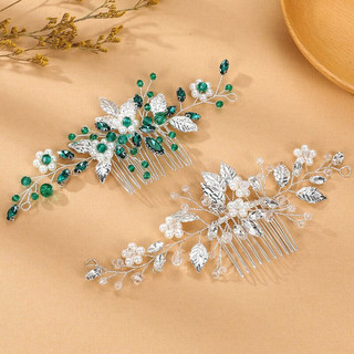 Pente De Cabelo De Cristal Pérola Com Folhas Prateadas-Grampo Coroa De Noiva Para Casamento