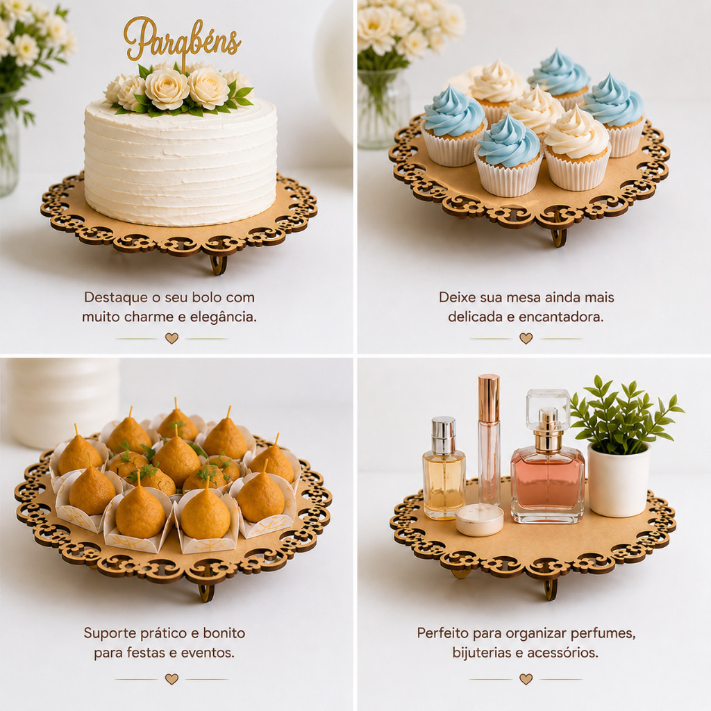 Suporte para Doces e Bolos Bandeja Decorativa Festa Mesa Doce Doceiras, MDF Arabesco