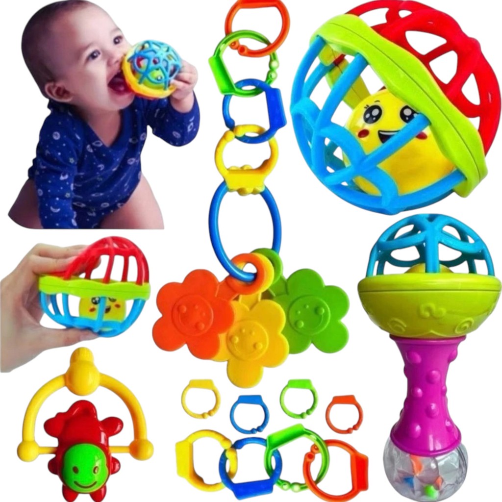 KIT Brinquedo Chocalho Interativo para Bebê Mordedor Colorido Educativo Infantil
