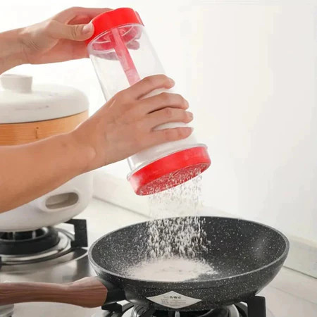Misturador Peneira Copo Rotativo Dosador Farinha Acucar Tapioca Filtro Funil Cozinha Transparente