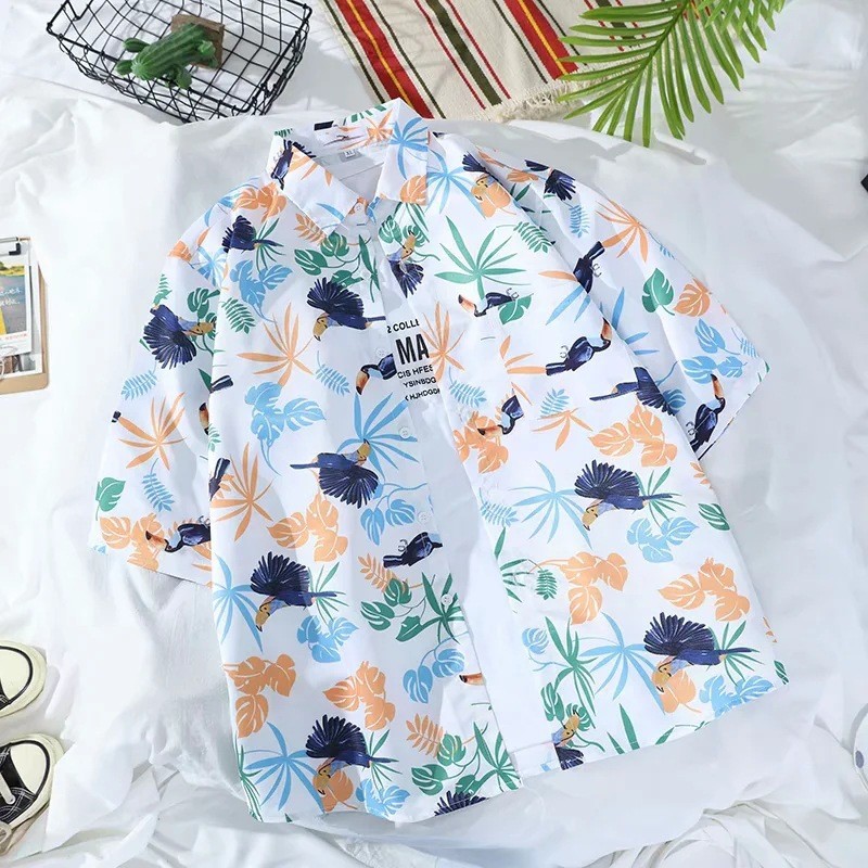 Camisa floral de manga curta masculina solta na moda camisa floral casal praia jaqueta fina havaí camisa de verão