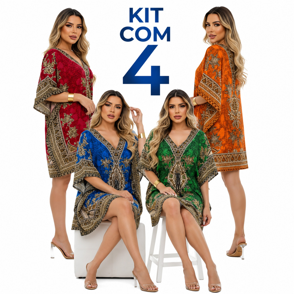 Kit 4 Kaftans Curtas Indianas Femininas – Saída de Praia Leve e Fresca, Tecido Poliéster Amplo, Verão 2025