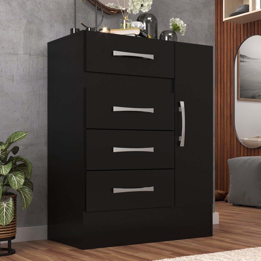 Cômoda Sapateira Grande 4 Gavetas 1 Porta Preto Preto