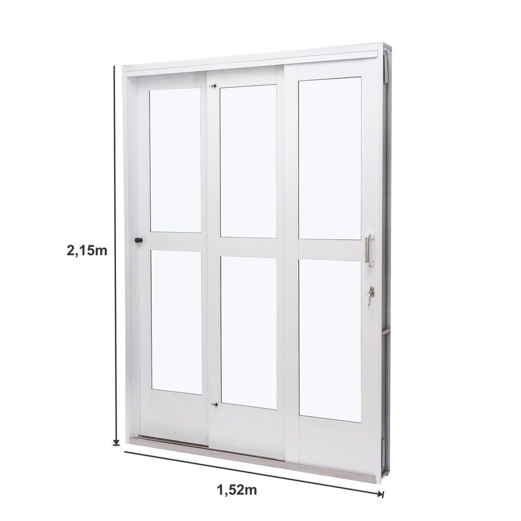 Porta de Aço de Correr 215x152cm 3 Folhas com Vidro Liso Qualitysol Ramassol Branco Direita