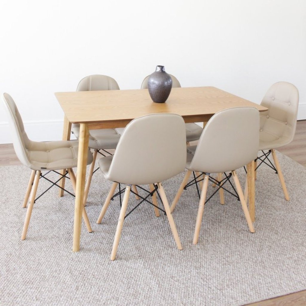 Conjunto Sala de Jantar Mesa 120x75cm Finlândia com 6 Cadeiras Eiffel Botonê  Nude/Natural