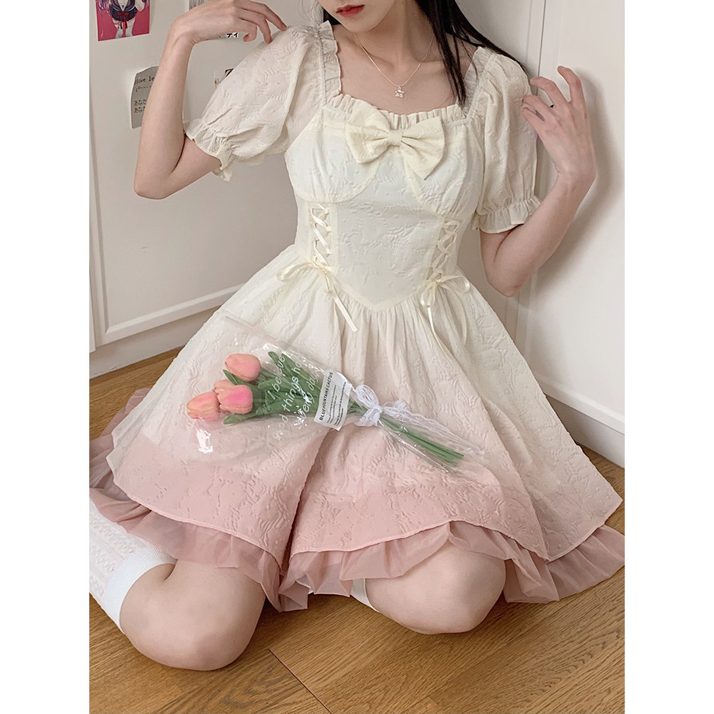 Tokyo Year-Old Times jk Verão Pequeno Branco Rosa Gradiente Puro Desejo Vestido de Princesa de Manga Curta Terno Coração