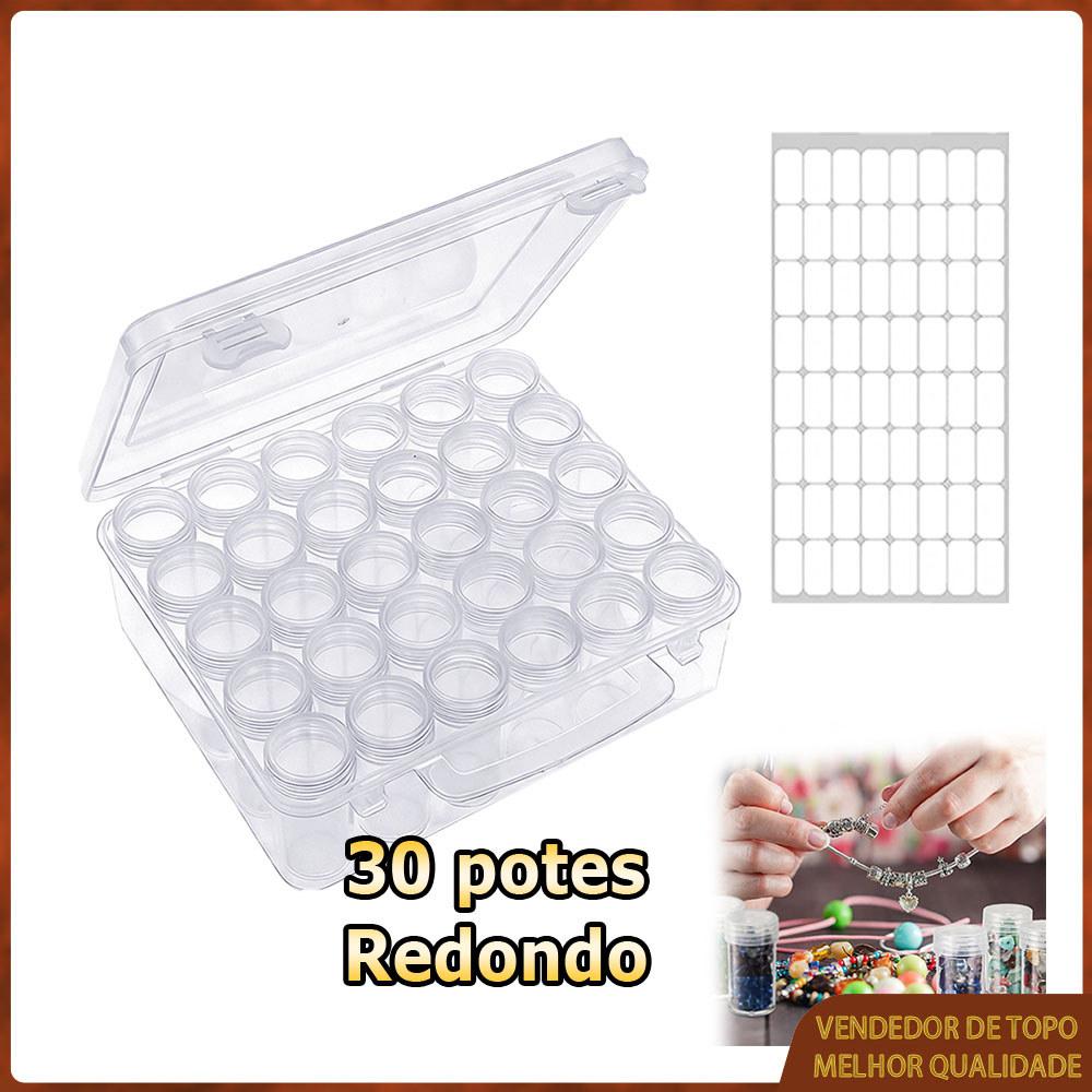 Caixa para guardar miçangas 30 potes redonda caixa de plástico transparente com tampa caixa decorada com strass