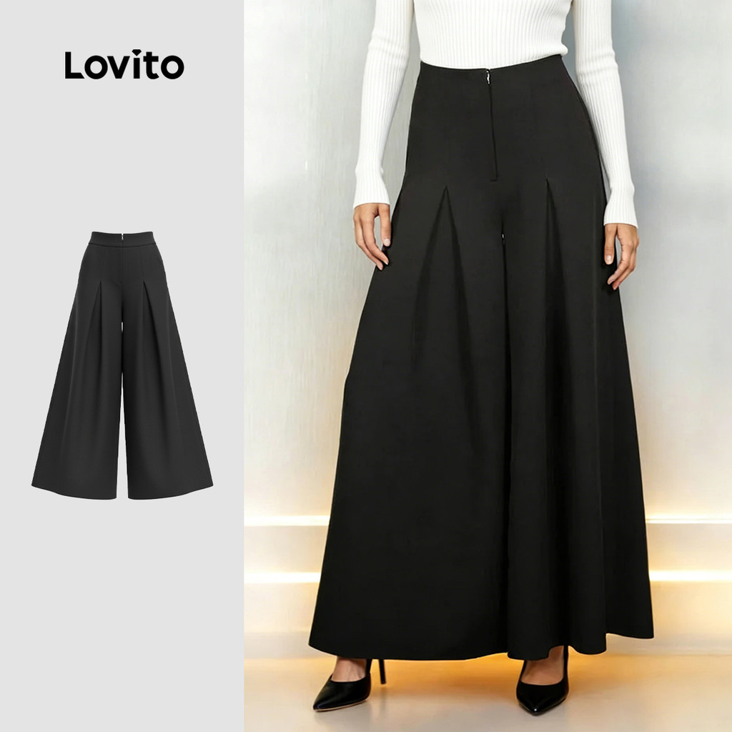 Lovito Calças Elegantes com Pregas e Zíper Preto Primavera/verão Calças para Mulheres LK5LD363 em Oferta na Shopee