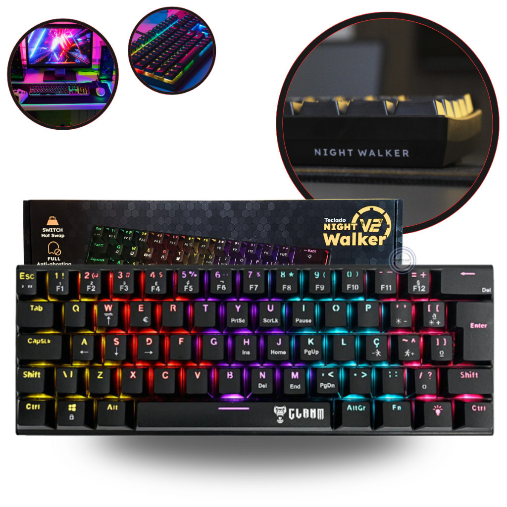 Teclado Mecânico 60% GAMER Clanm Night Walker V2 Rgb LED Switch Red