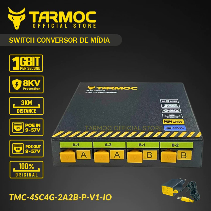 Tarmoc TMC-4SC4G-2A2B-V1-IO Conversor de Midia Fibra Optica Switch 4 FO 4 Gigabit LAN 9-57 Volt