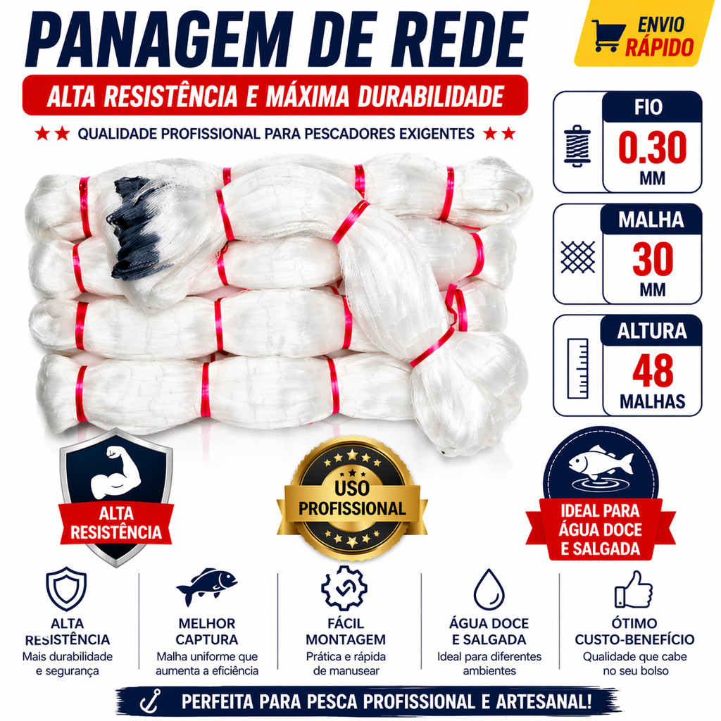 Panagem de Rede 0.30mm Malha 30mm Altura 48 – Alta Resistência para Pesca Profissional
