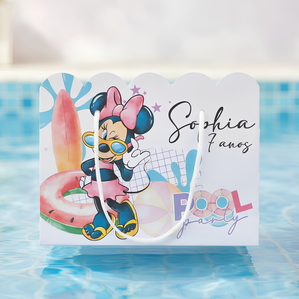 Kit Sacolinha Sacola Papelaria Personalizada Minnie Pool Party Sacolinha de Lembrancinha Caixinha para Festa