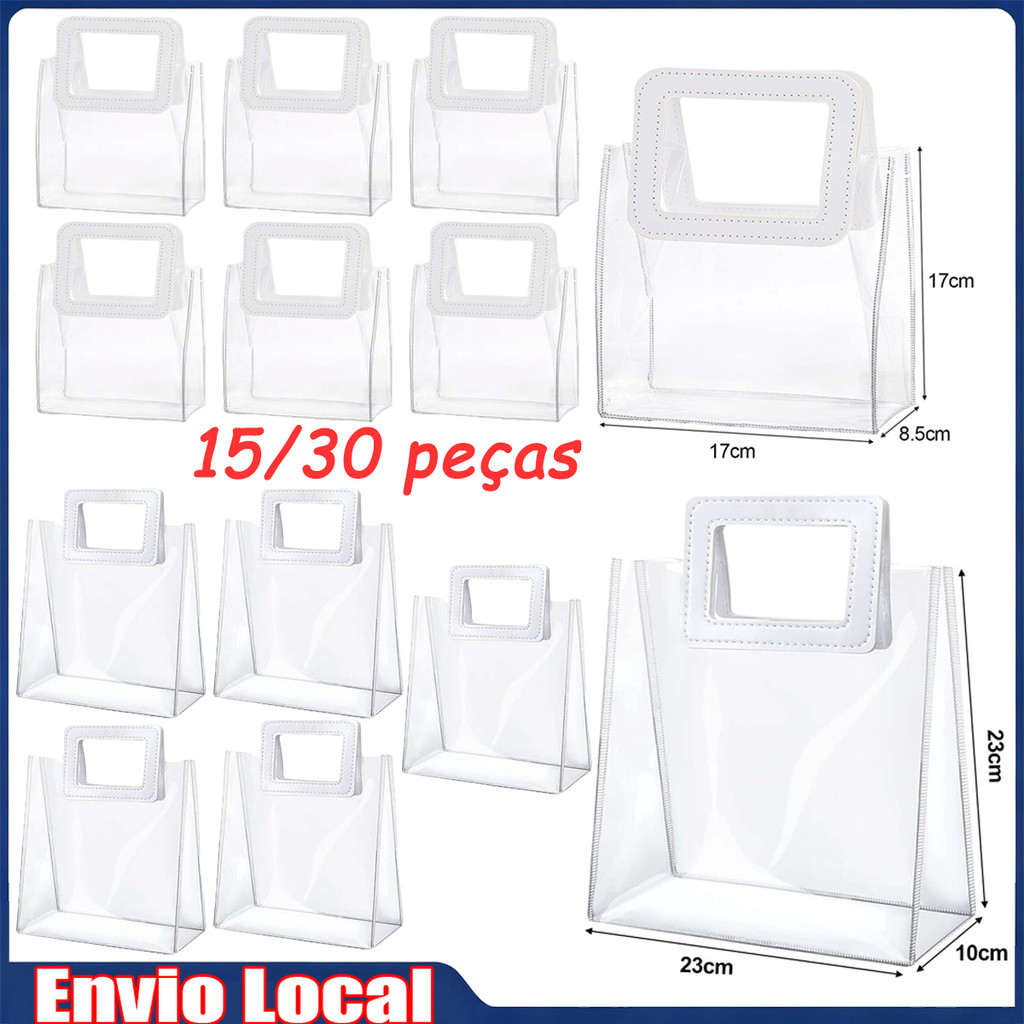 15/30 peças de sacola de PVC transparente, alça quadrada, sacola de presente para convidados
