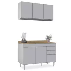 Armário de Cozinha Aéreo Virgínia e Balcão Com Tampo 120cm Michigan Cinza Claro/Castanho - Lumil