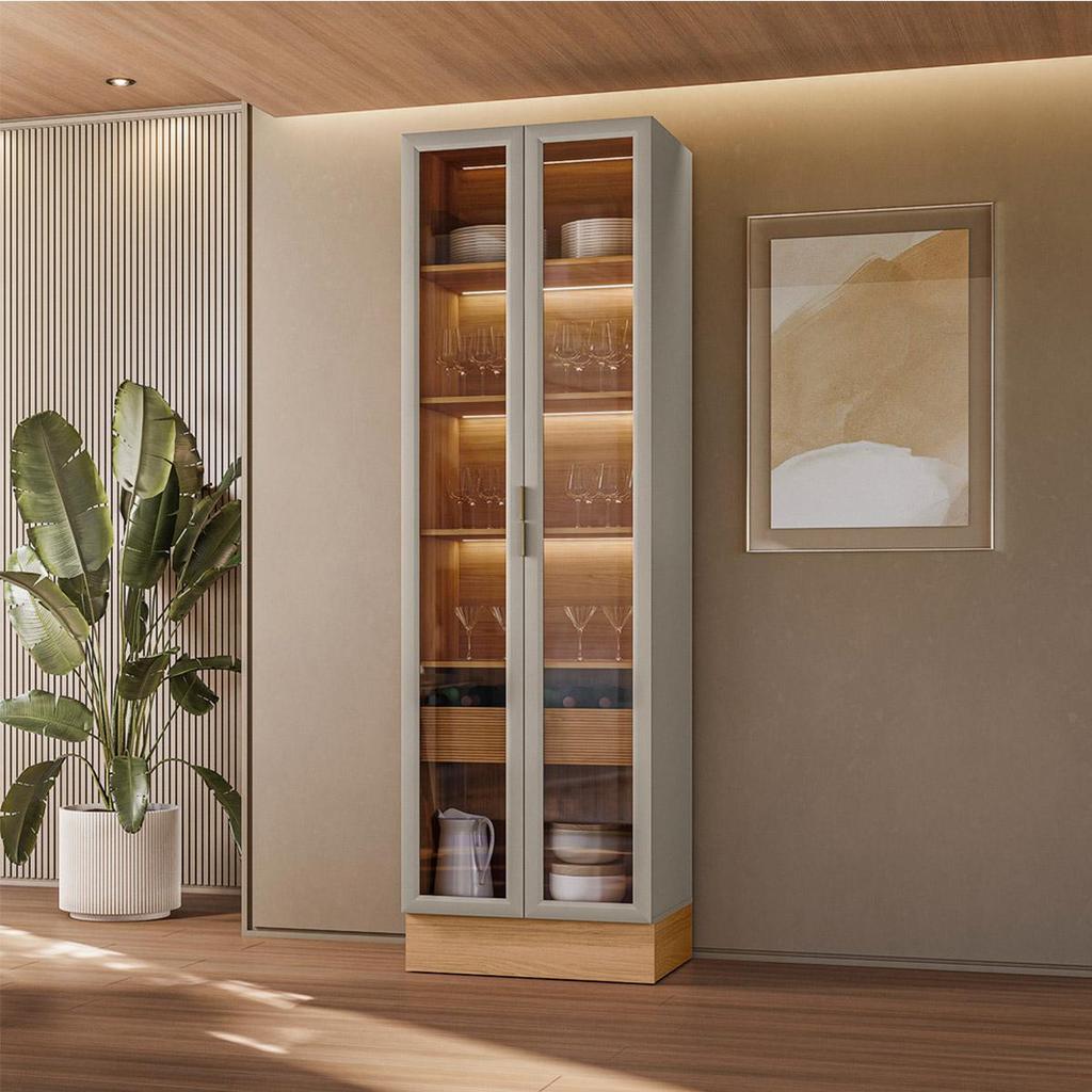Imagem Cristaleira Decorativa Portas Vídro MDF Solari 70cm Roda Pé Luminária Led Jequitibá/Gris Fosco G77