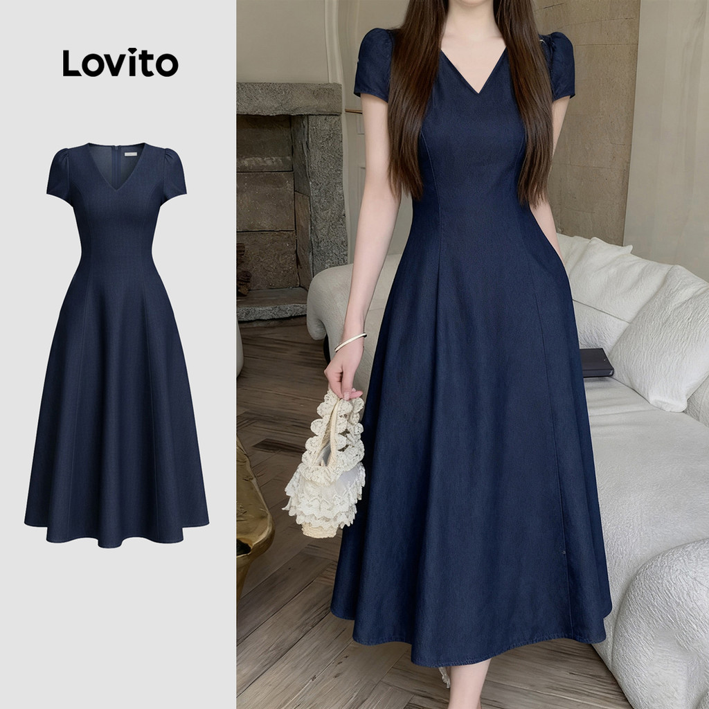 Lovito Midi Elegante Vestido Azul Escuro Feminino para Primavera/verão e Confortável para O Trajeto diário LK4AD327