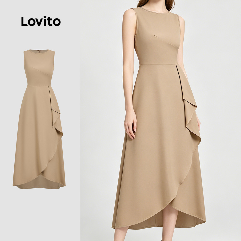 Lovito Vestido Assimétrico Elegante Plissado para O Trabalho Leve Caqui Claro Verão/primavera feminino L183ED1060